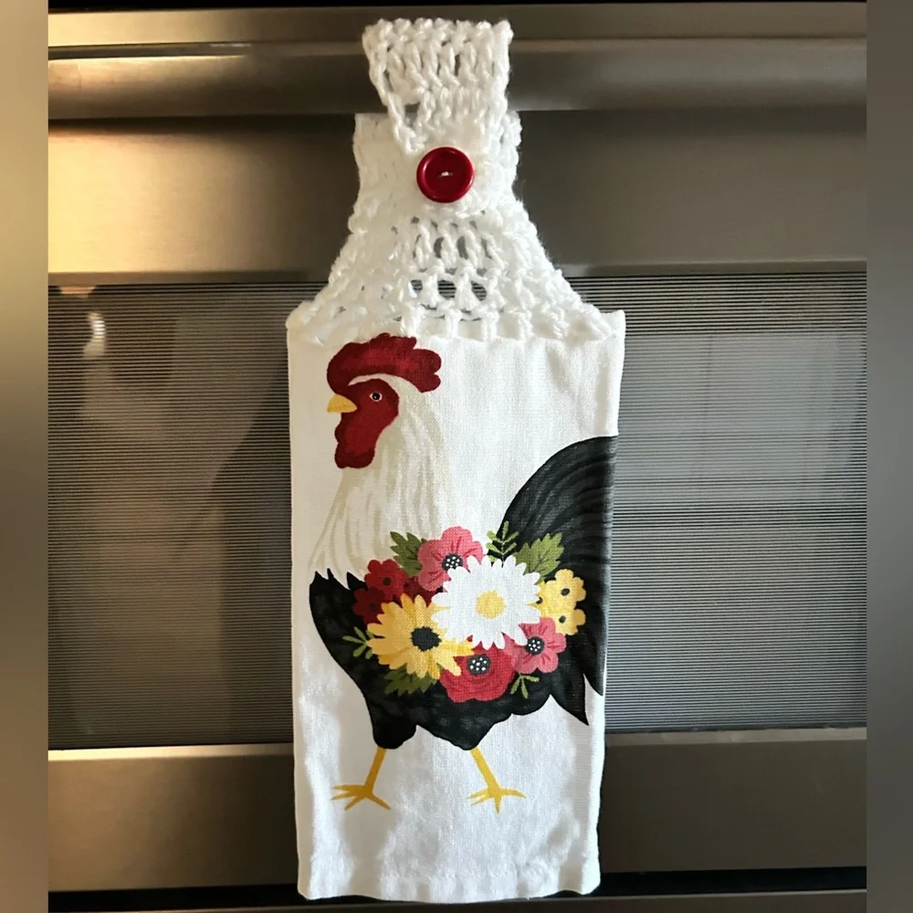 Hand Crafted Farmhouse Rooster Hanging Kitchen Hand Towel with Red Button